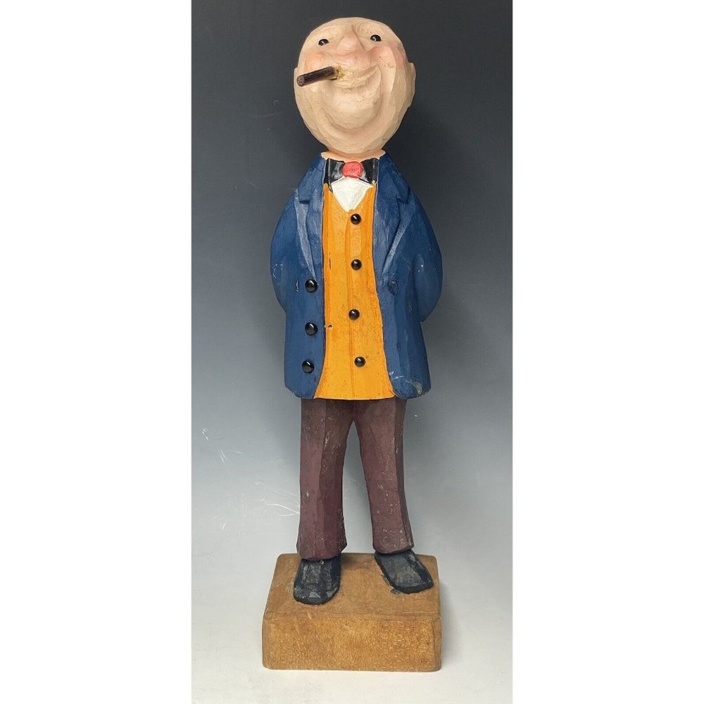 12" Vintage Hand Carved Wooden Statue Manager Businessman Wood Carving Art